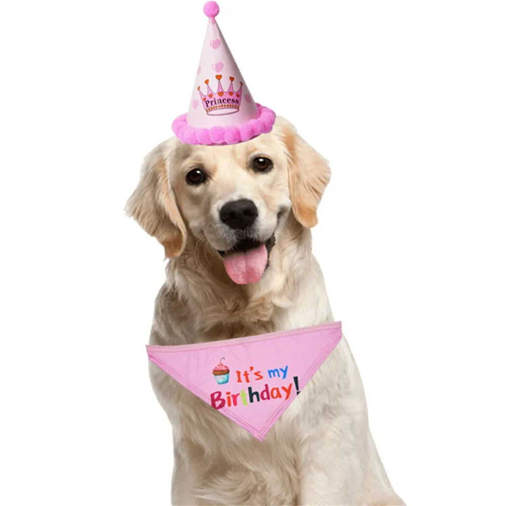 Golden Retriever wearing a birthday hat and bandana celebrating with pet birthday accessories for dogs and cats