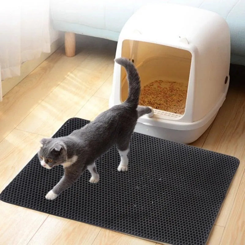 Gray Stevvex Pet Cat Litter Mat, waterproof double layer, available in sizes M (55x75 cm), S (40x55 cm), XS (30x45 cm).