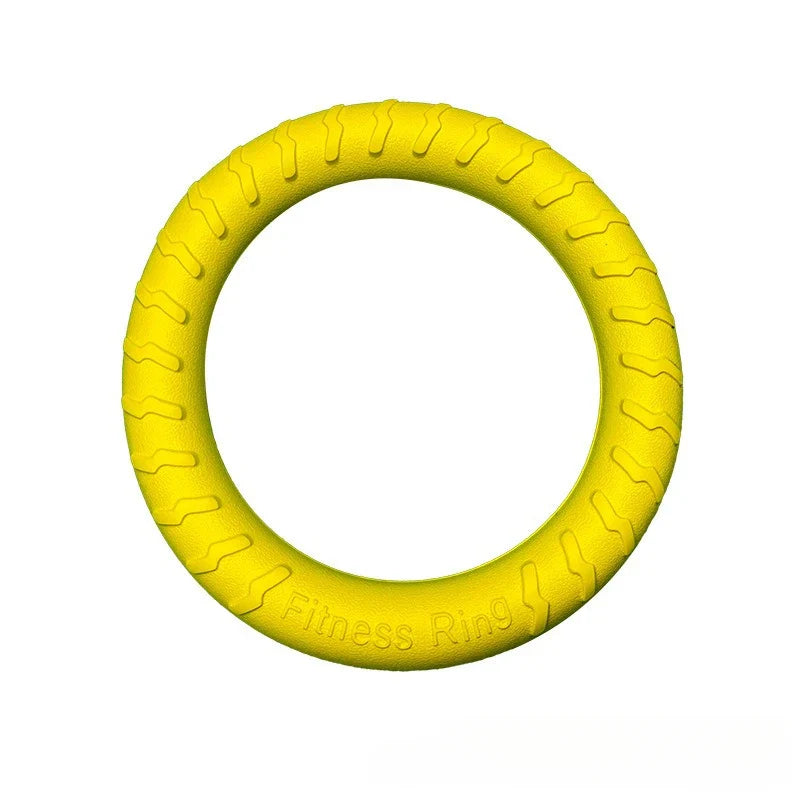 Bright yellow Tail Chasers fitness ring pet chew toy for water play, perfect for active dogs.