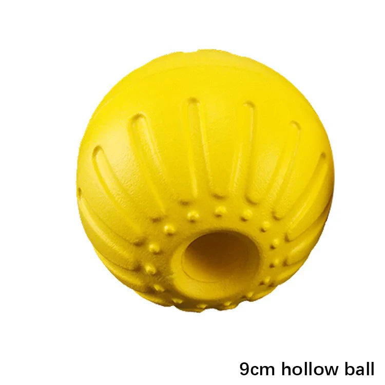 Yellow 9cm hollow ball from Tail Chasers, ideal pet chew toy for water play