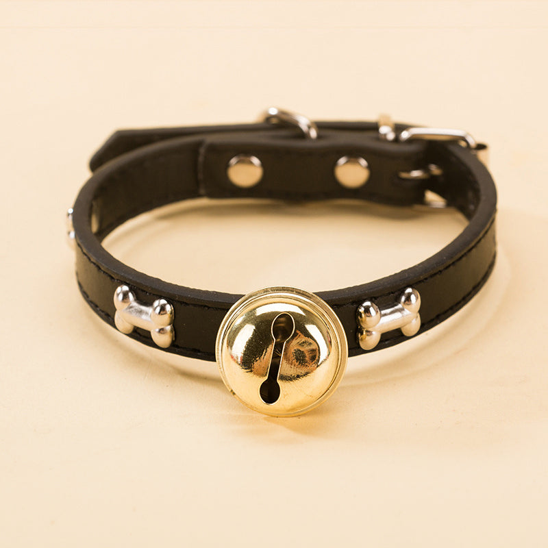 Black Cat Collar with Bone Design and Gold Bell, perfect pet collar accessories with bone design