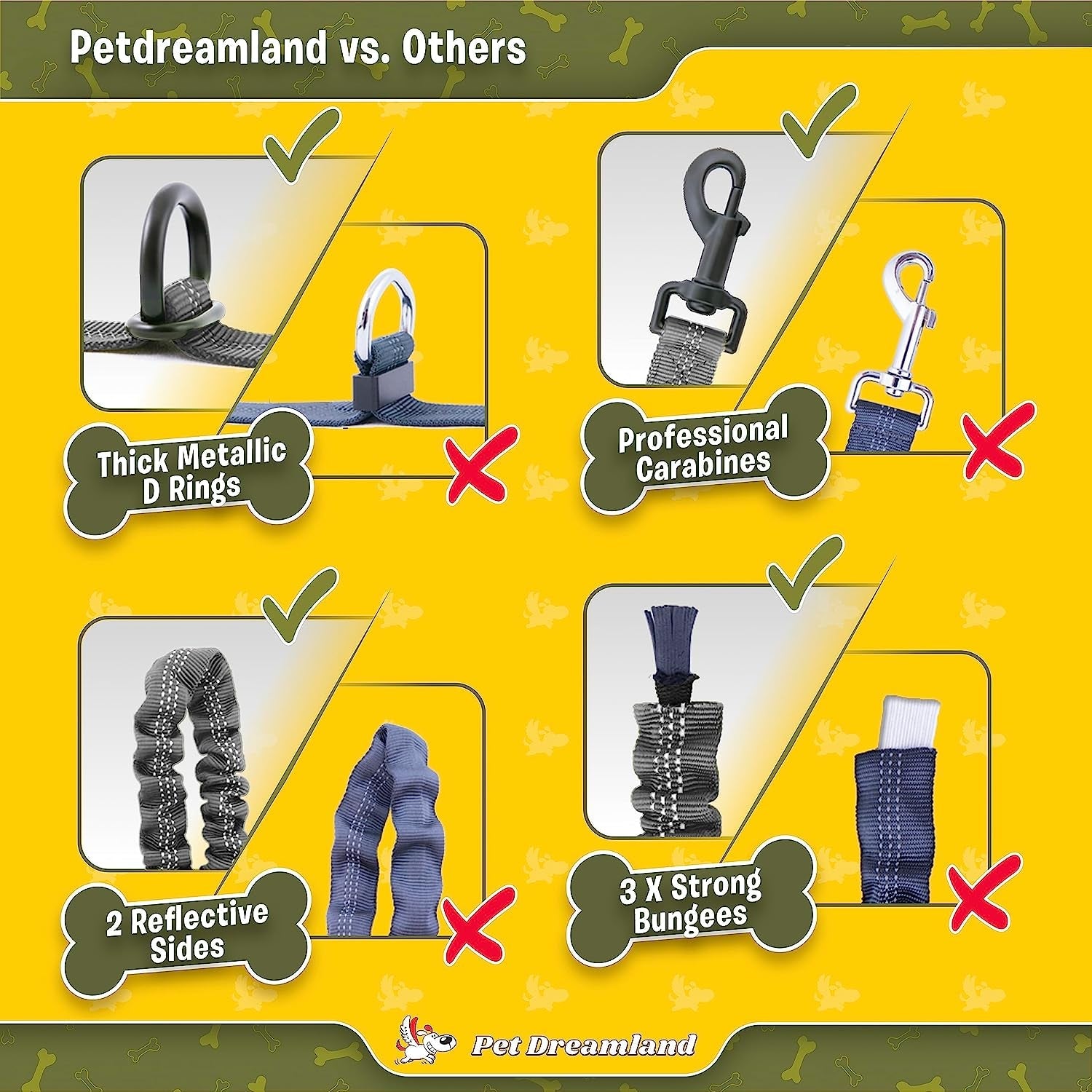 Comparison chart highlighting features of no pull dog leash with waist belt versus competitors