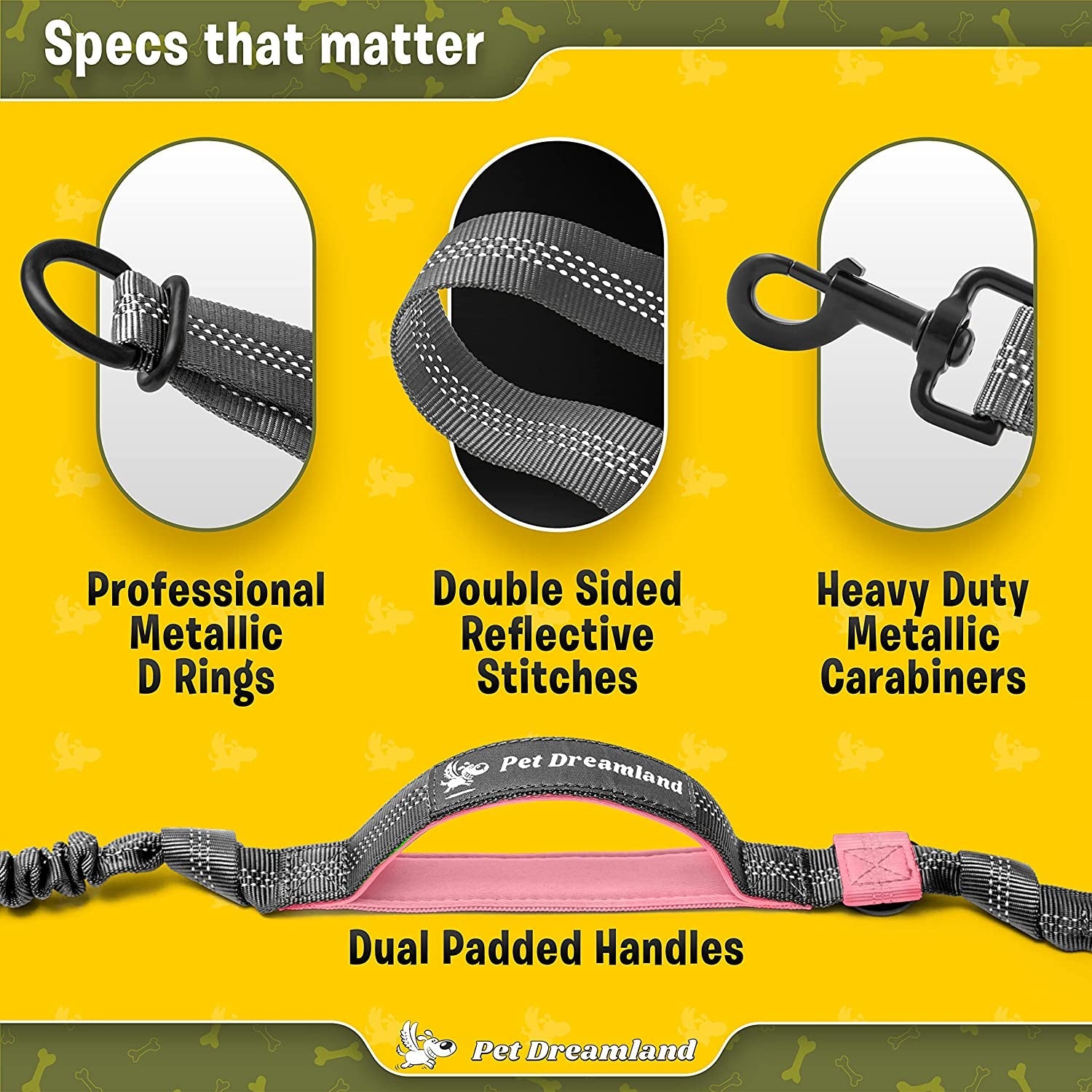 Features of no pull dog leash with waist belt showing padded handles and reflective stitches