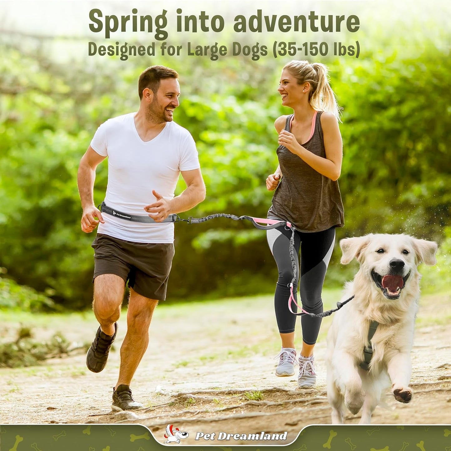 Couple running with a dog using a no pull dog leash with waist belt in a park setting
