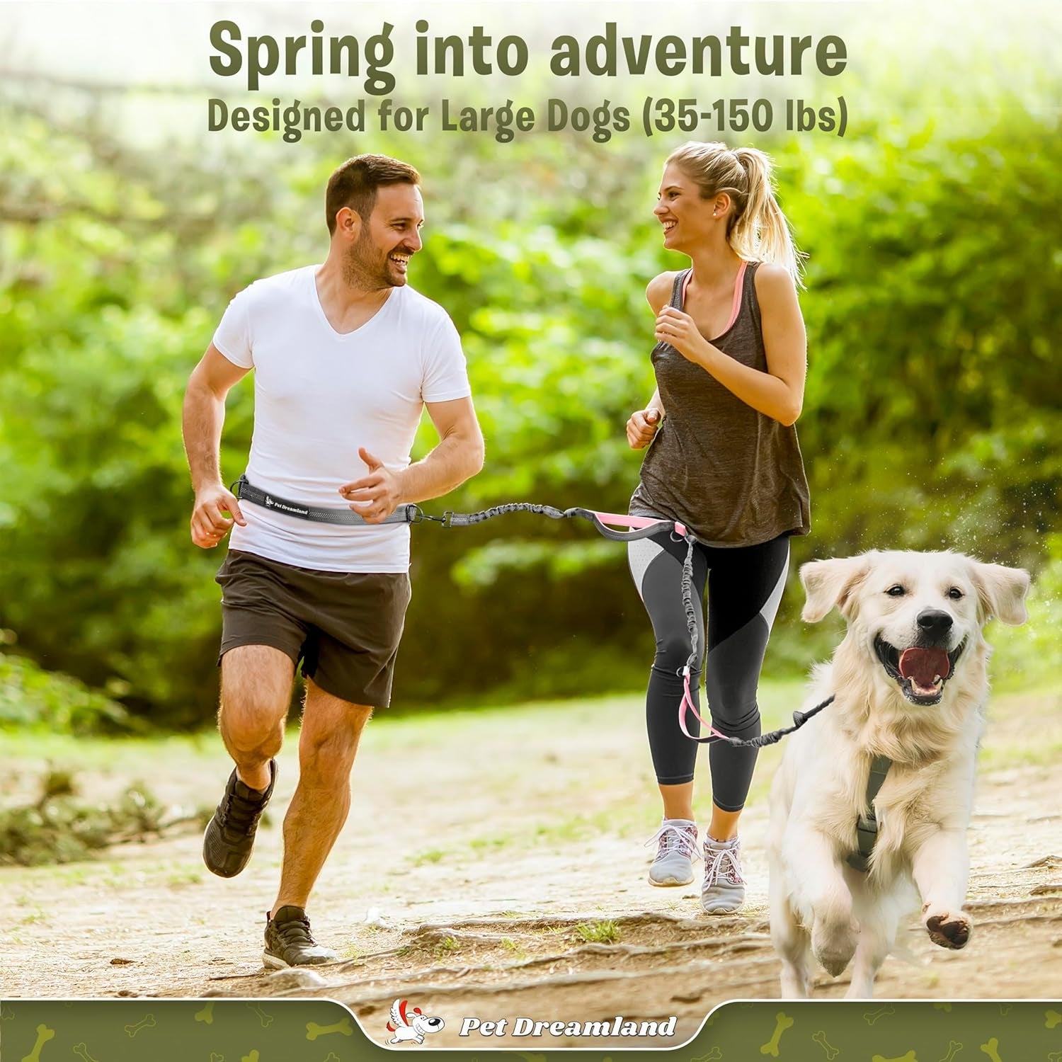 Couple running with a dog using a no pull dog leash with waist belt in a park setting