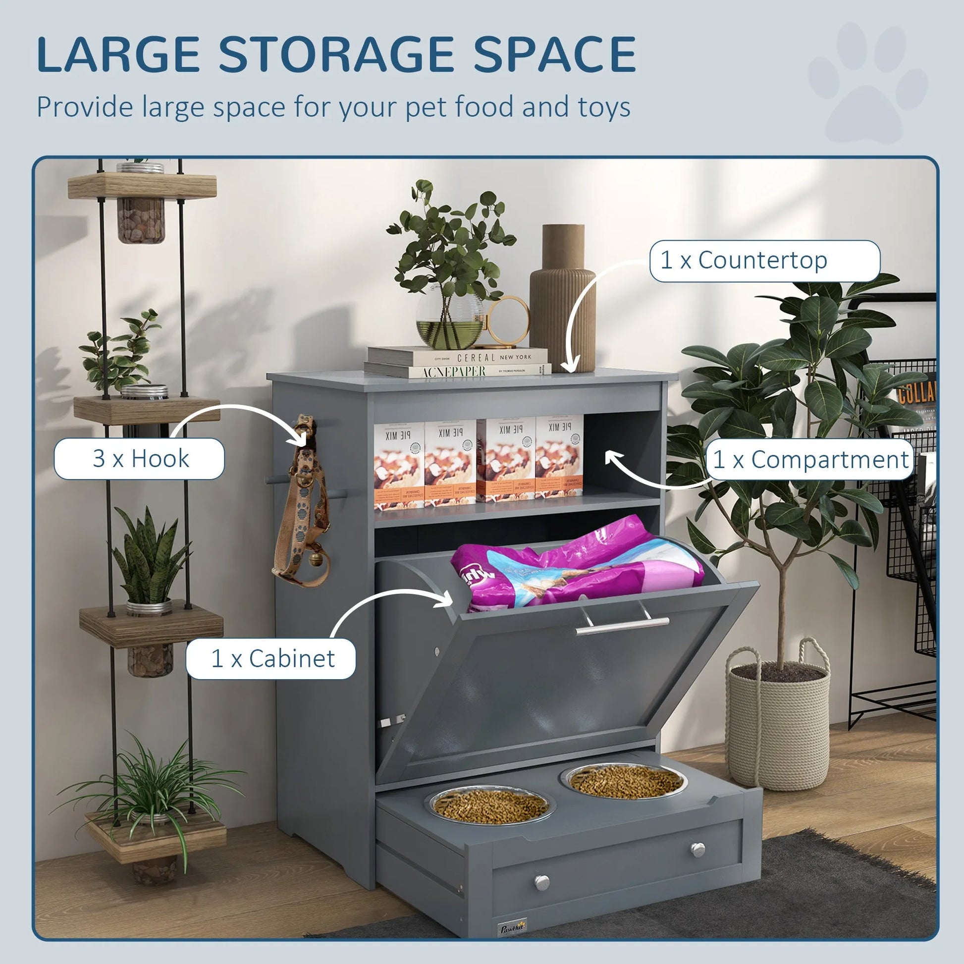 Gray Purrfect Pet Kingdom Pet Feeder Station Storage Cabinet, 935x505x210 mm, ideal for dog food storage and feeding.