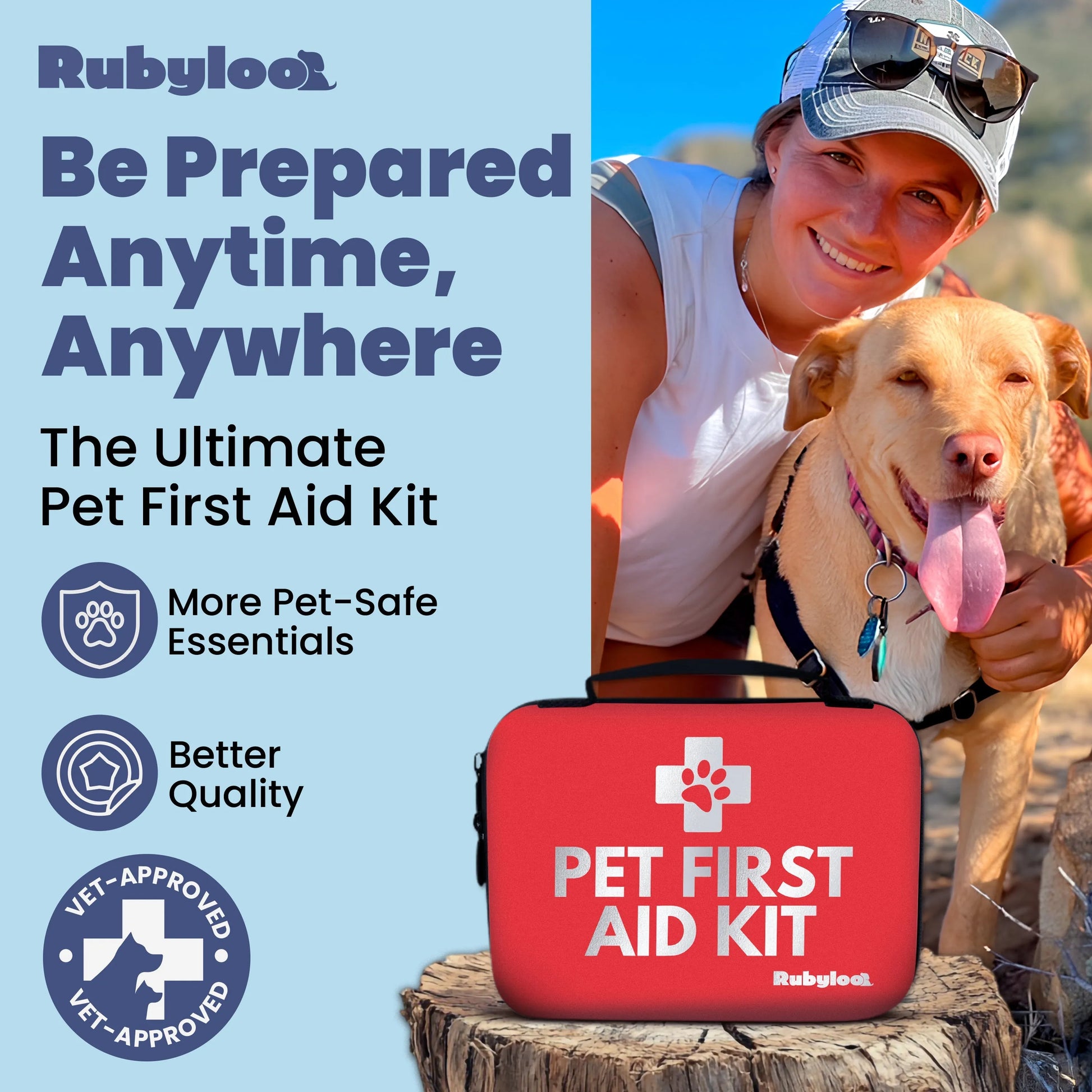 Rubyloo Pet First Aid Kit for Dogs & Cats in a vibrant red bag, featuring vet-approved essentials, available in essential ...