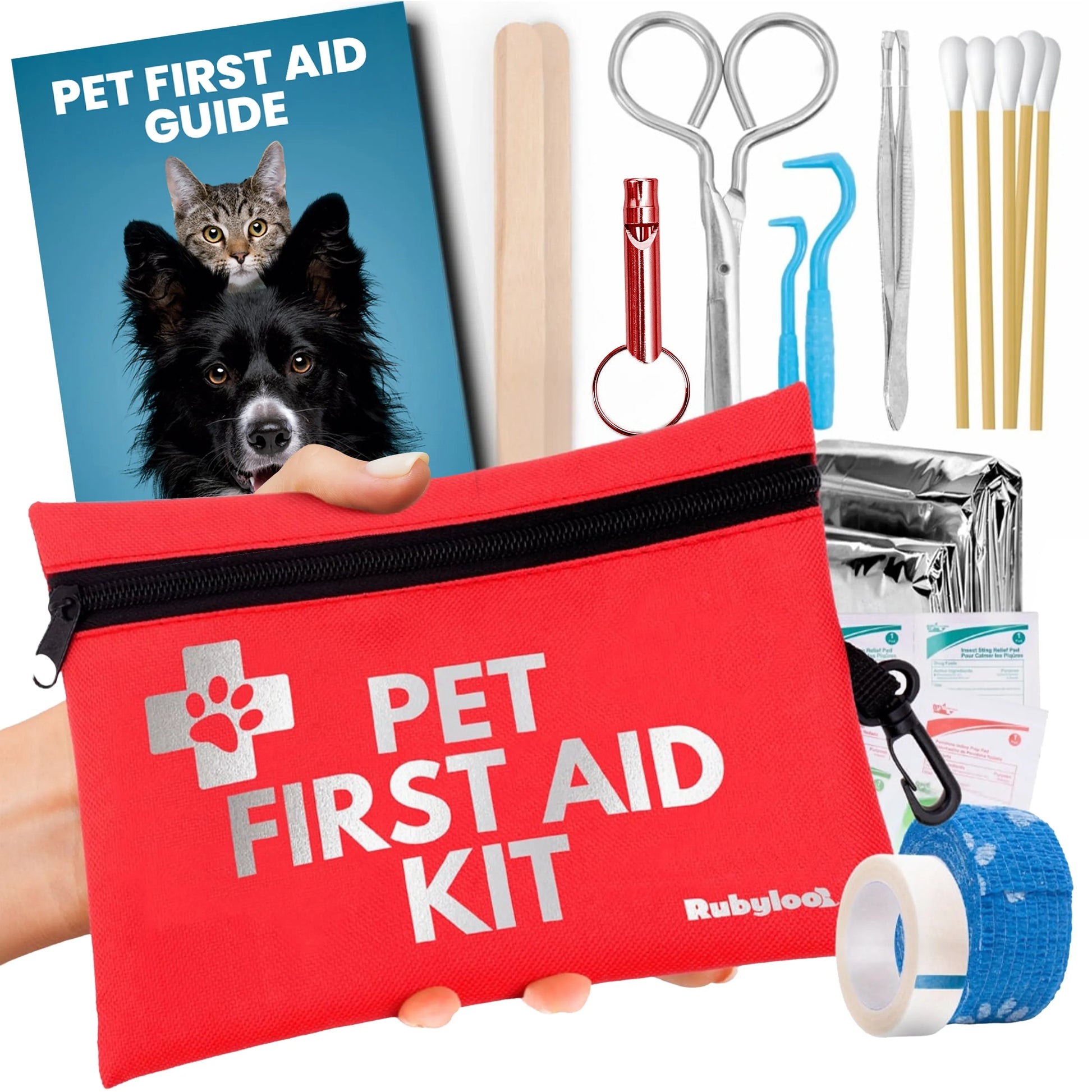 Rubyloo Pet First Aid Kit for Dogs & Cats in a vibrant red bag, featuring vet-approved essentials, available in essential ...