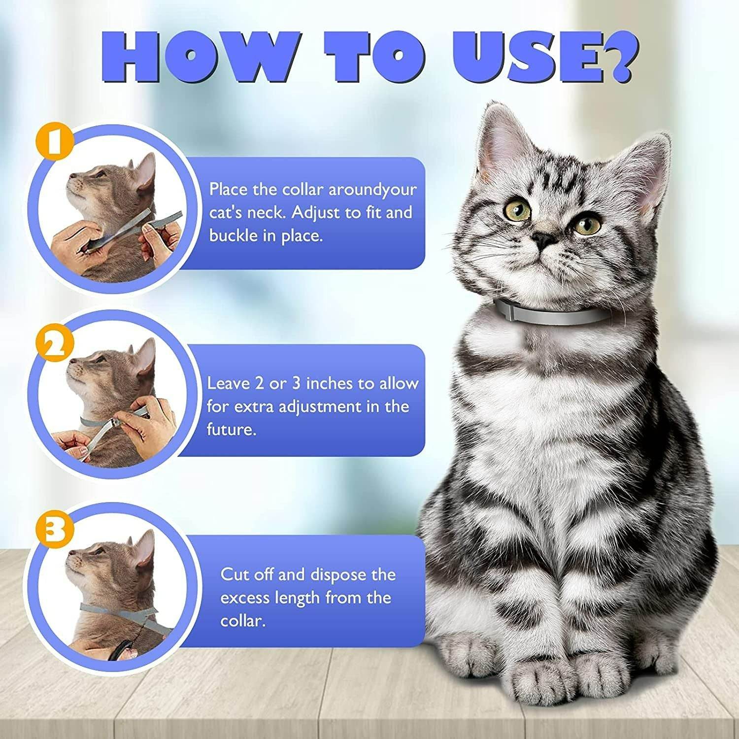 Instructions to use flea and tick collar for pets with a cat wearing the collar and adjustment steps