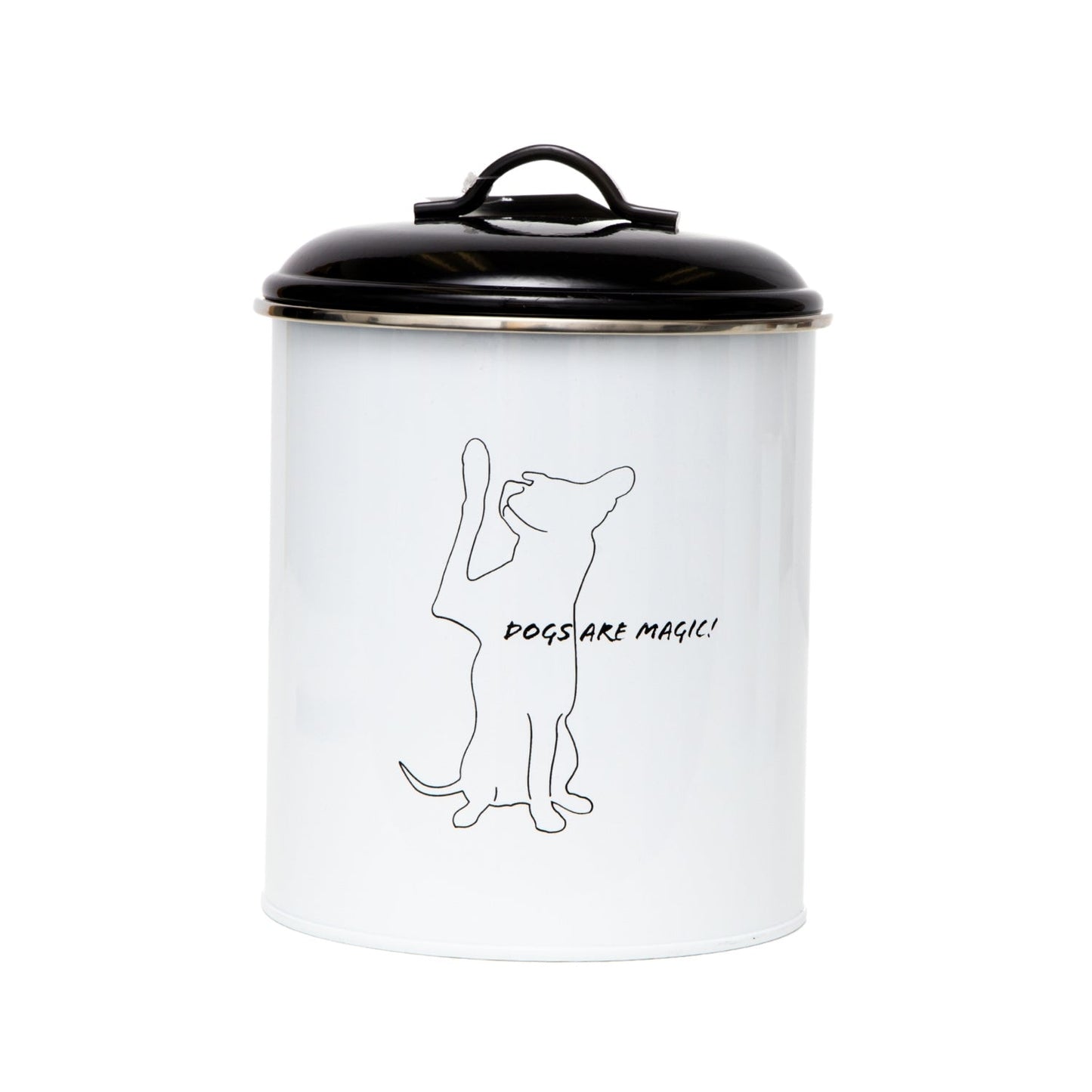 Stylish black and white pet food containers with a playful dog graphic and a black lid