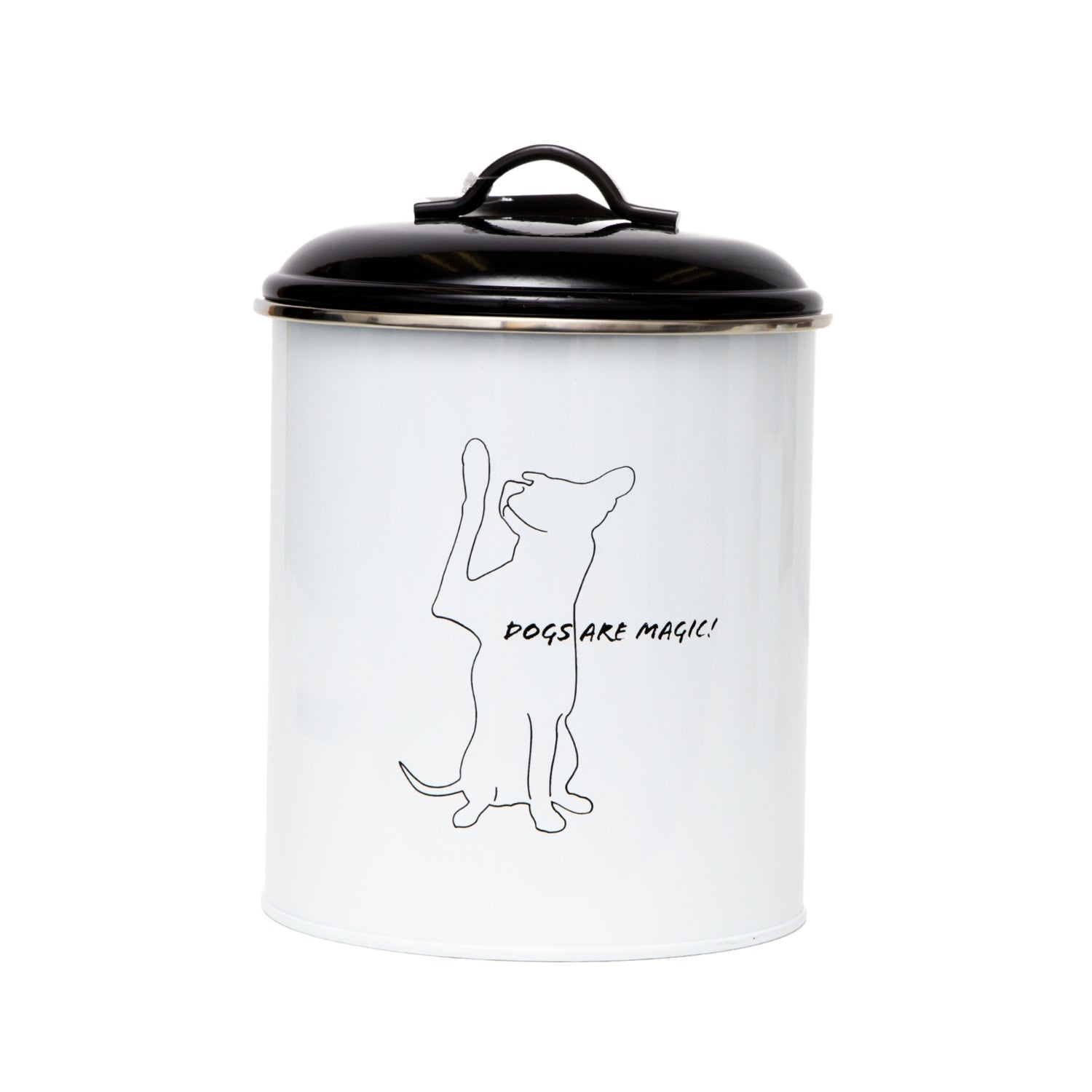 Stylish black and white pet food containers with a playful dog graphic and a black lid