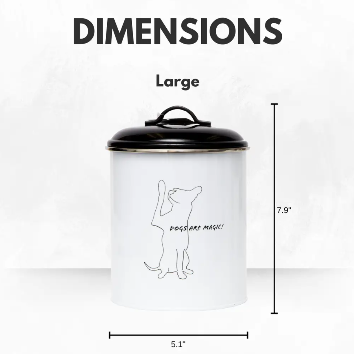 Large black and white pet food containers with dog graphic and lid for stylish storage