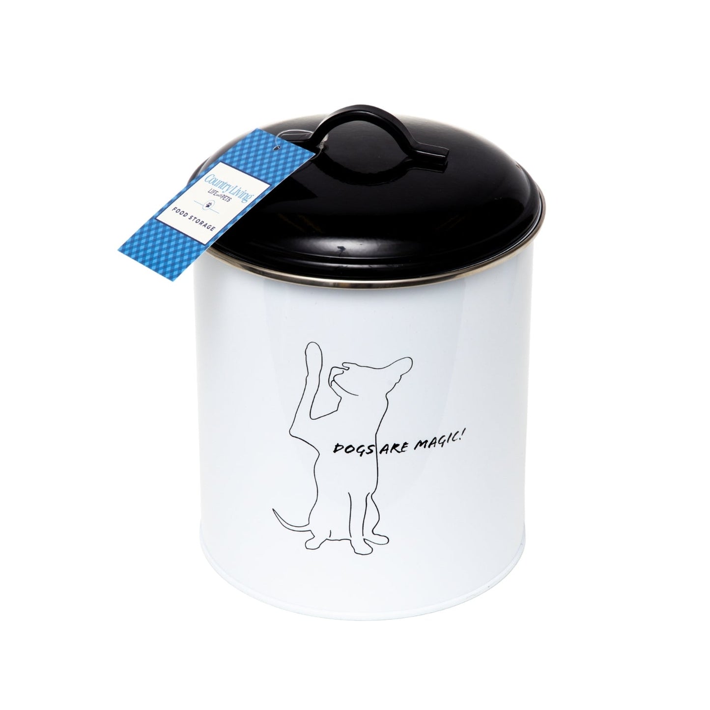 Stylish black and white pet food containers with a playful dog design, perfect for pet lovers.
