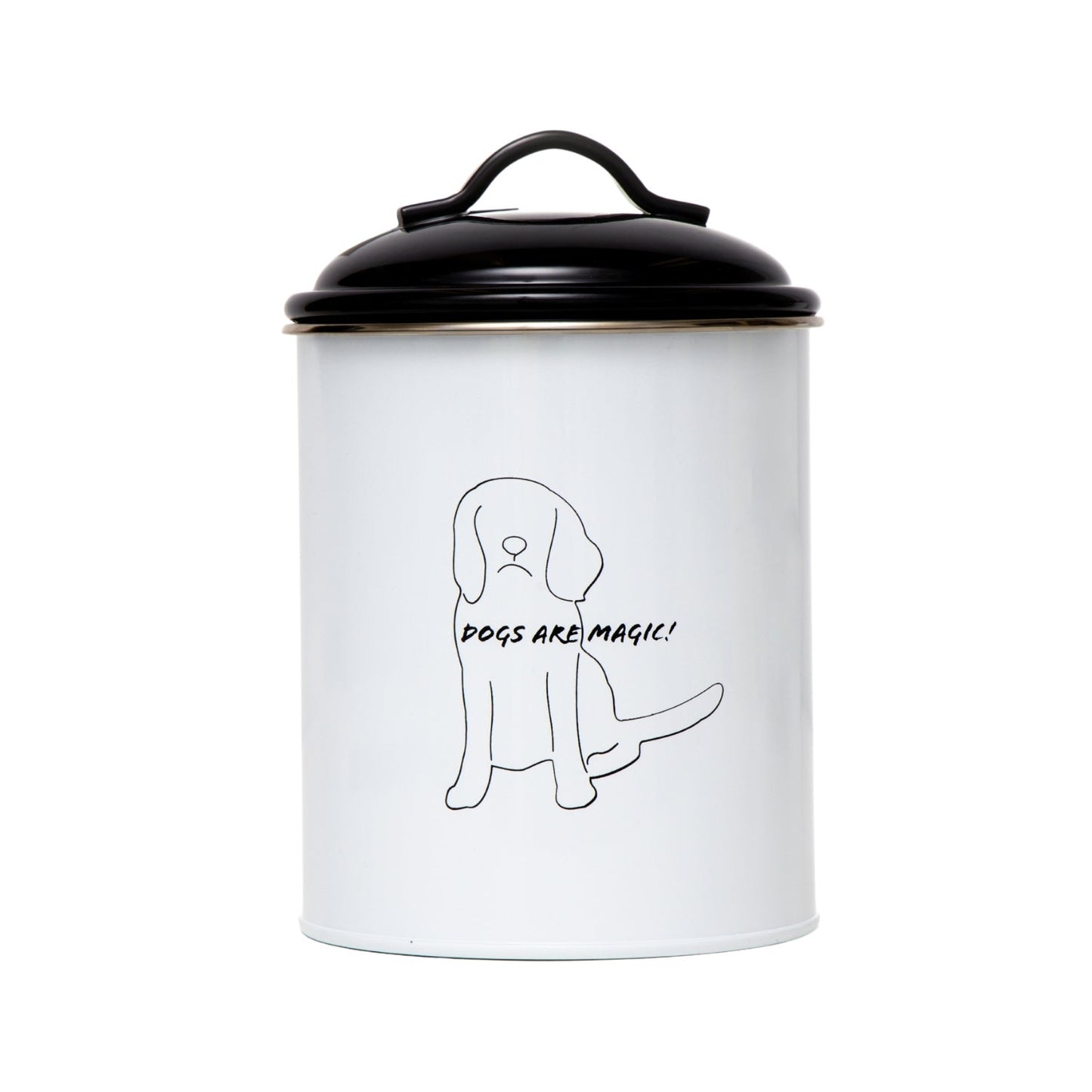 Black and white pet food containers featuring a dog illustration with the text Dogs Are Magic