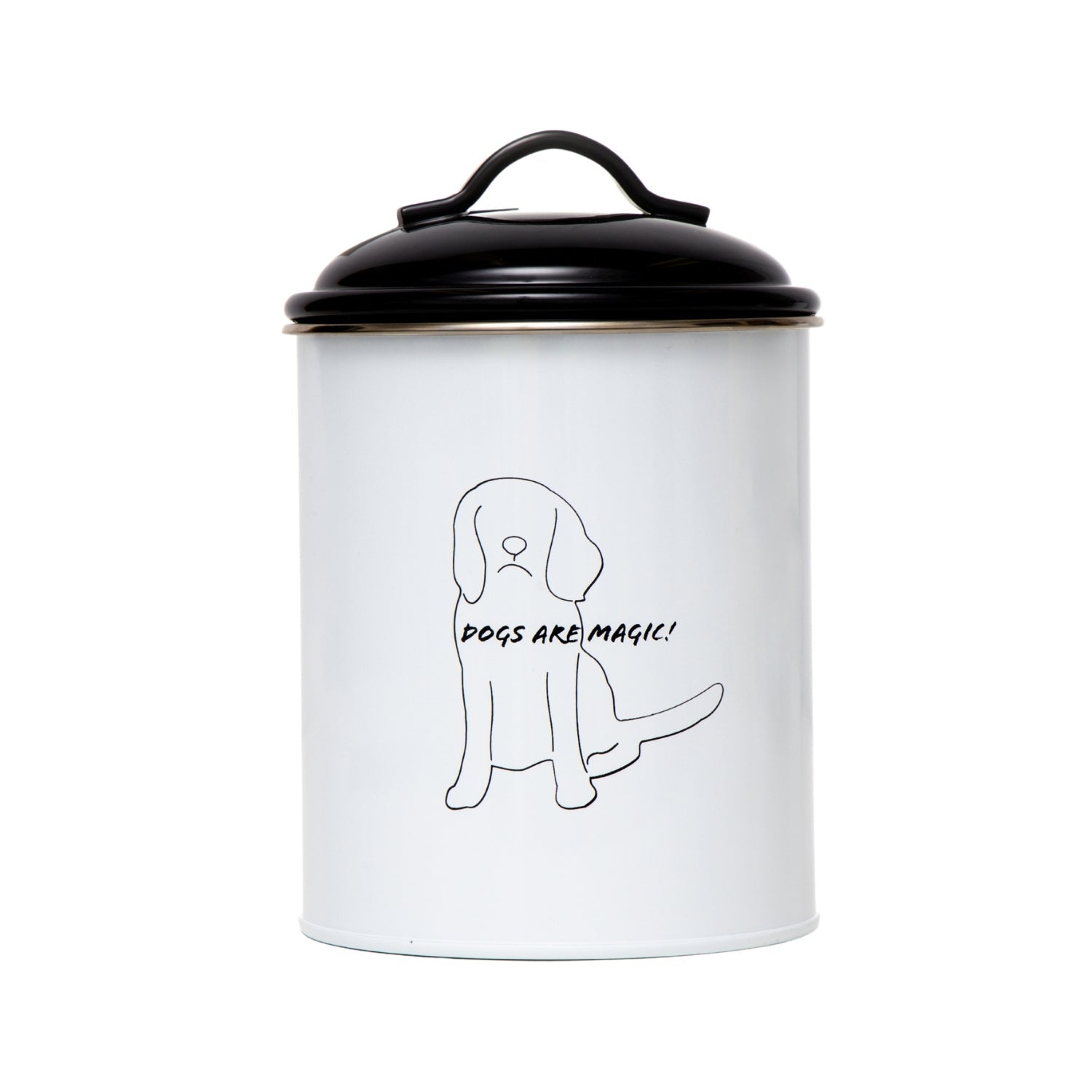 Black and white pet food containers featuring a dog illustration with the text Dogs Are Magic