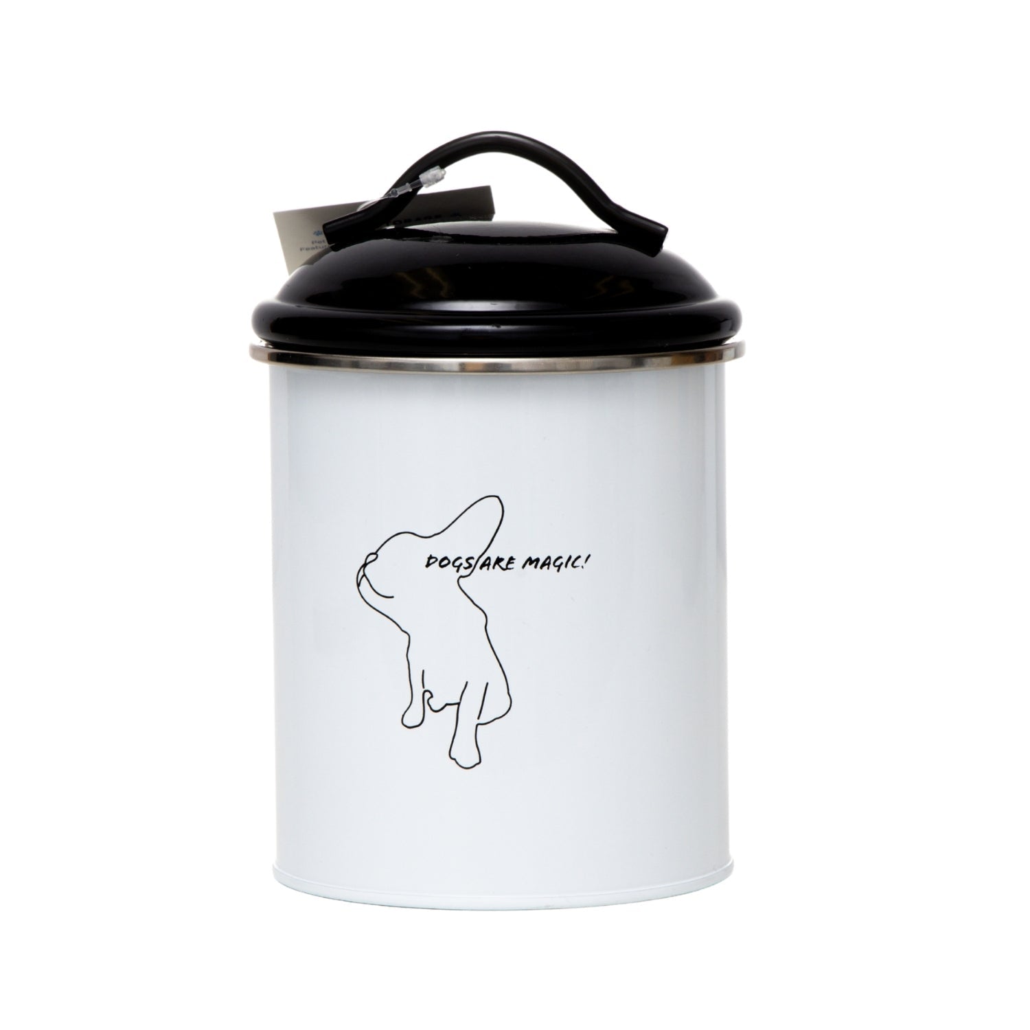 Black and white pet food containers with a dog silhouette and the text Dogs Are Magic