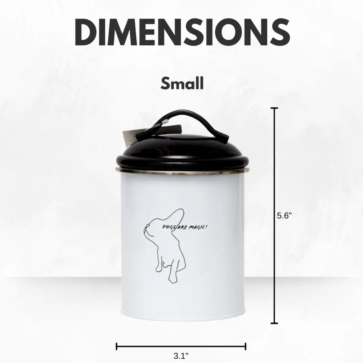 Small black and white pet food containers with dog graphic and secure lid for storage