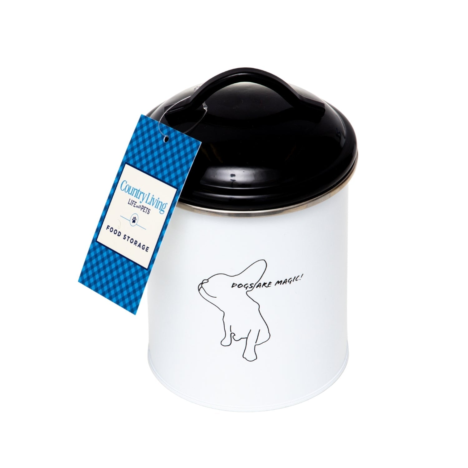 Black and white pet food containers featuring a playful dog graphic for stylish storage