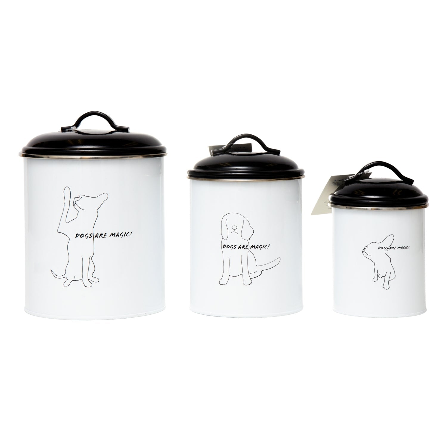 Black and white pet food containers with dog illustrations and lids for stylish pet food storage