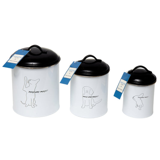 Set of black and white pet food containers with playful dog illustrations for stylish storage
