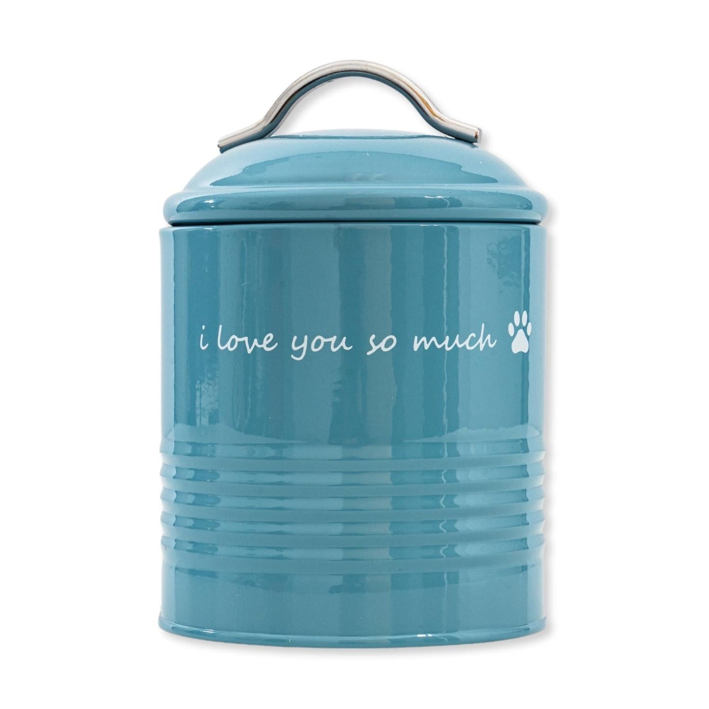 Cute blue pet food container with a lid and paw print design saying I love you so much