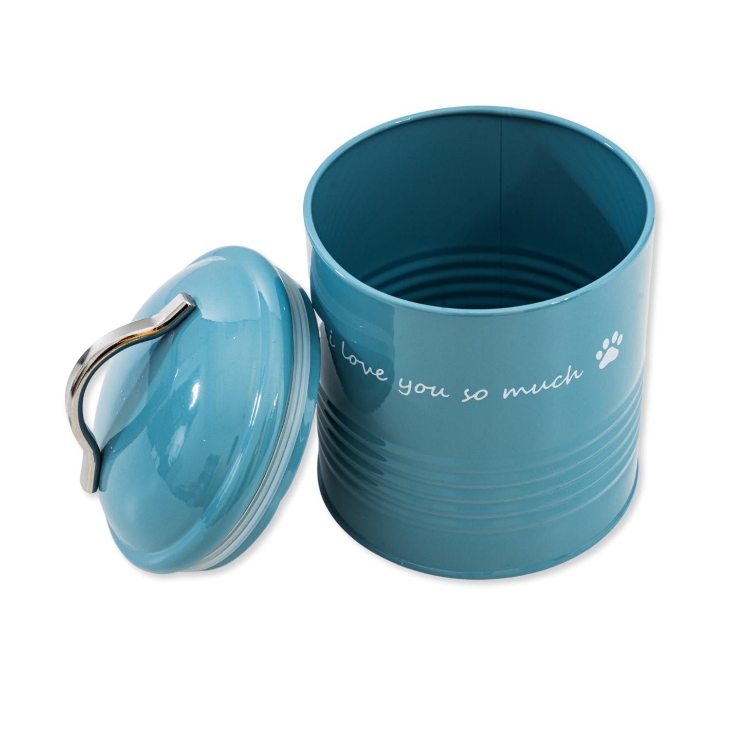 Cute blue pet food container with a paw print design and a metal lid for storing pet food