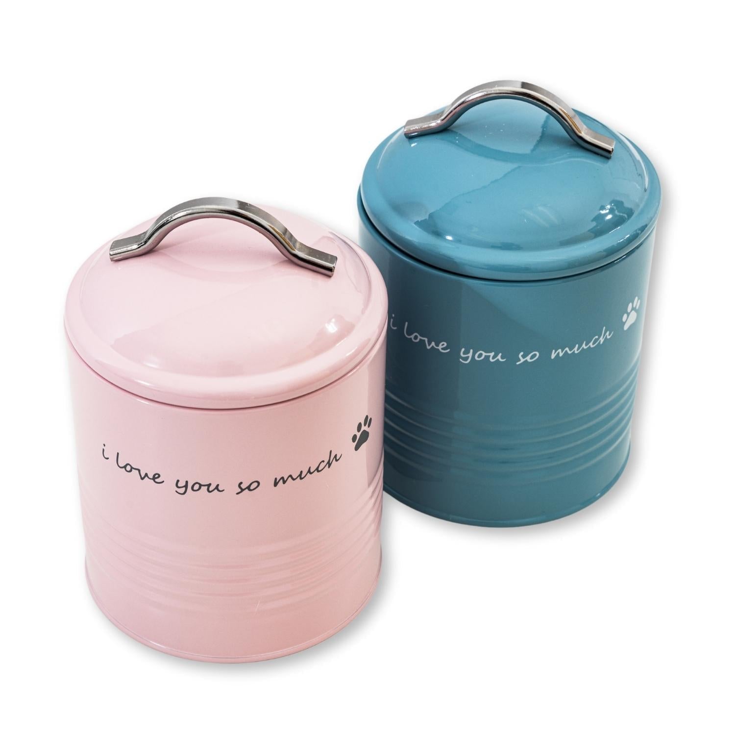 Cute pink and blue pet food containers with a handle and paw print design for pet owners