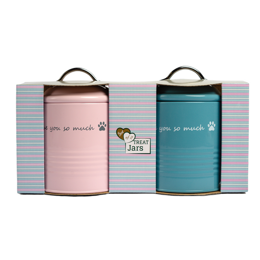 Set of two colorful pet food containers in pink and blue with playful quotes for pet treats