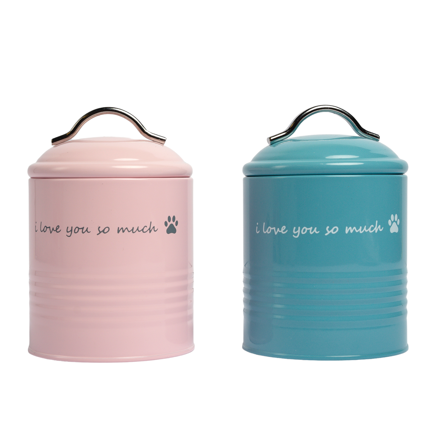 Set of two colorful pet food containers in pink and blue with cute paw print design