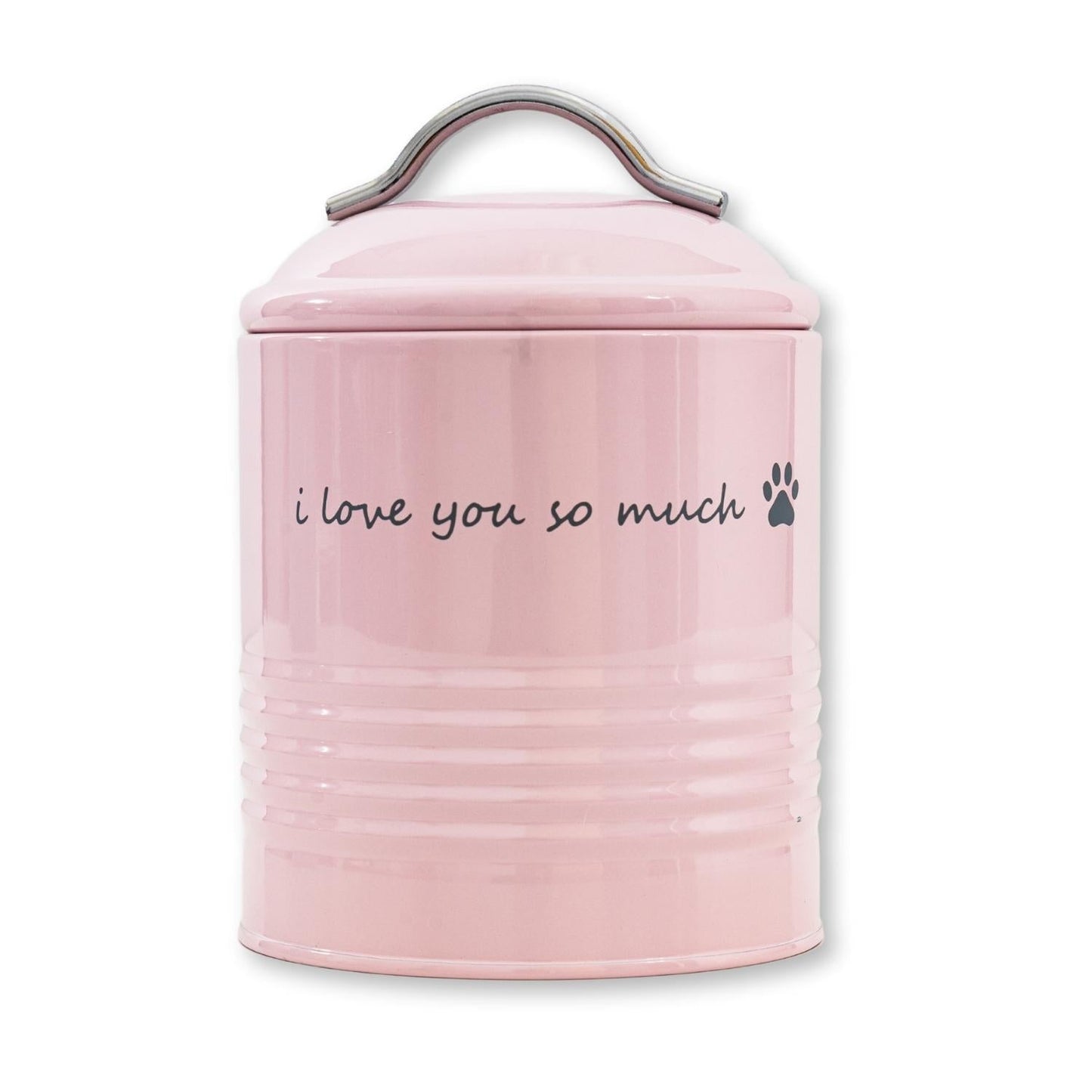 Pink pet food container with a lid and paw print design, perfect for storing pet food