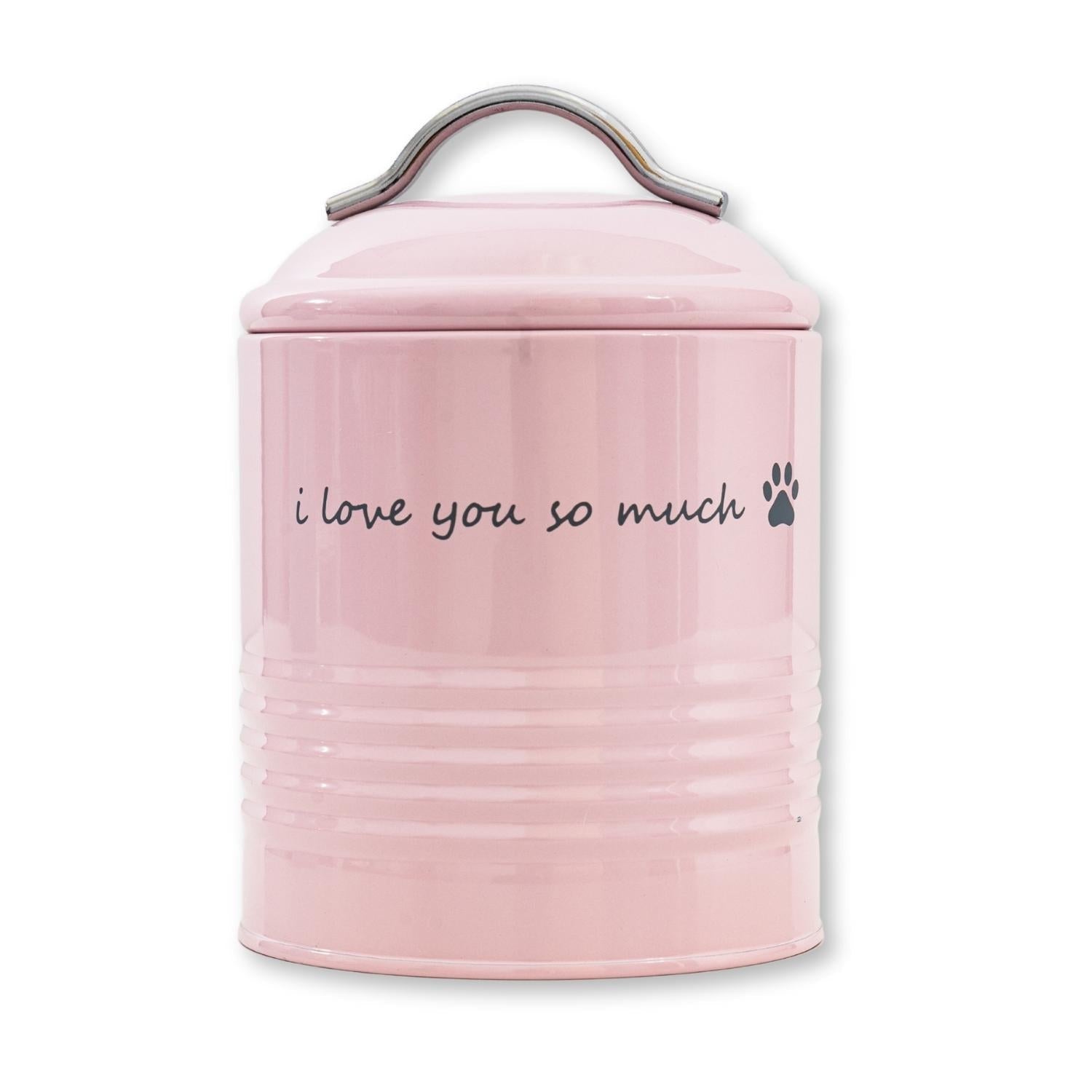 Pink pet food container with a lid and paw print design, perfect for storing pet food
