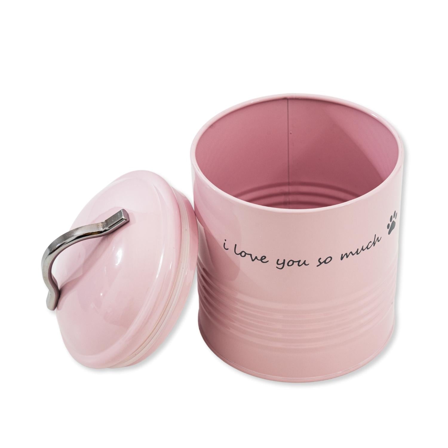 Pink pet food containers with a lid, featuring a cute message and paw print design