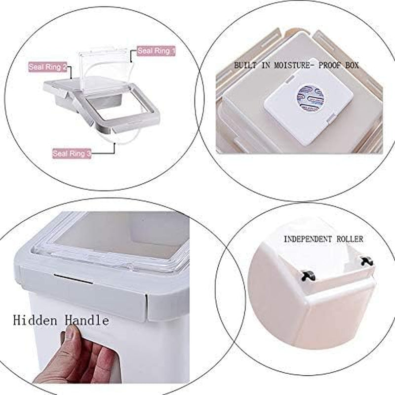 Durable pet food storage container for dry food with moisture-proof seal and hidden handle