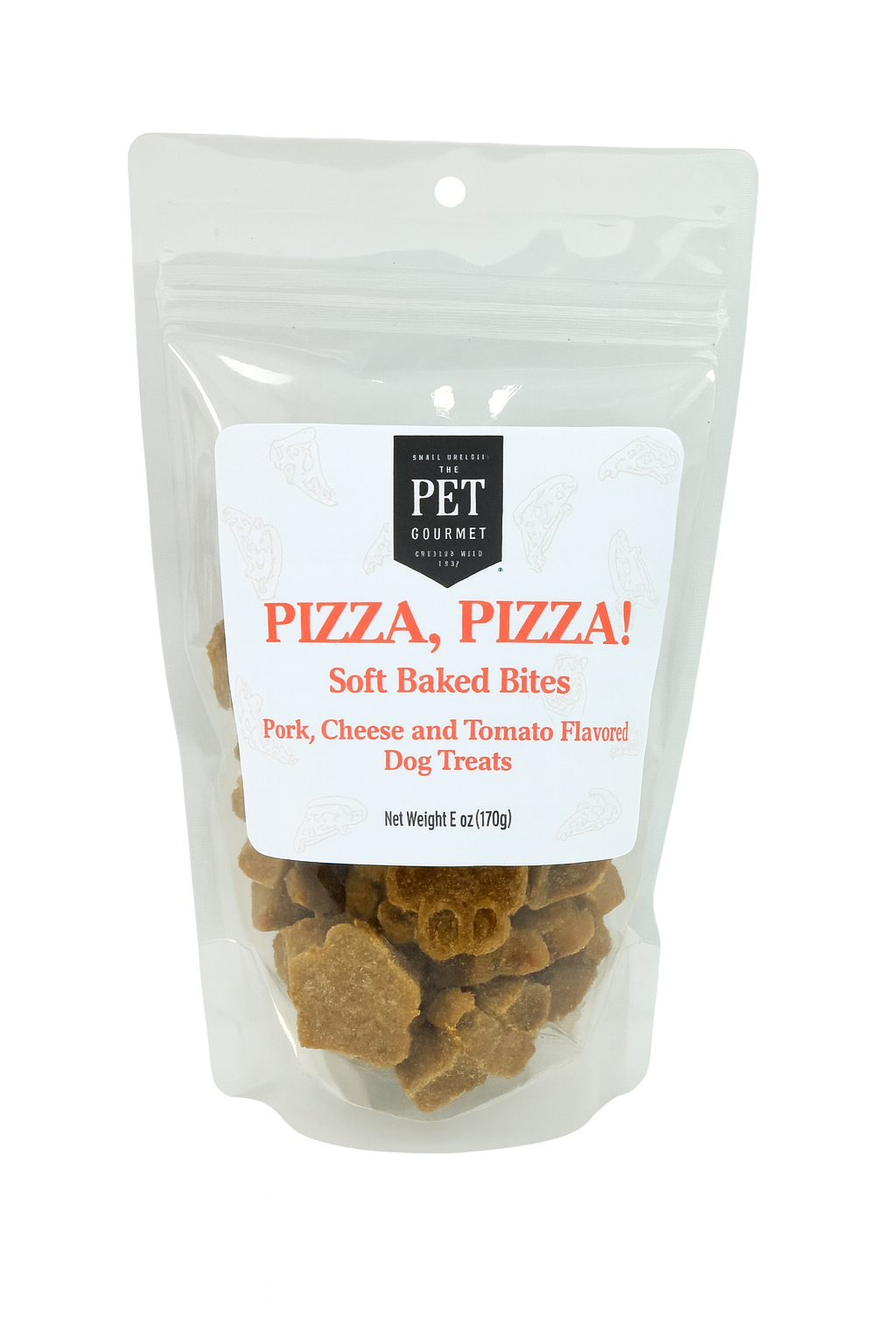The Pet Gourmet gourmet dog snacks 6 oz. Soft Baked Pizza Bites in a clear package with pork and cheese flavor
