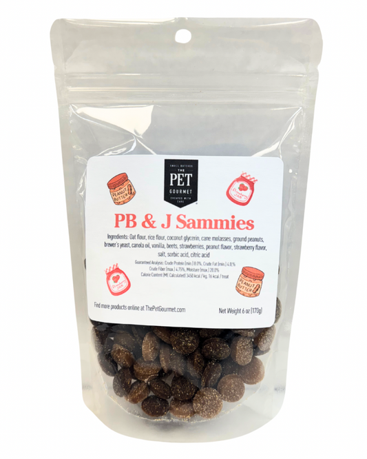 The Pet Gourmet PB & J Sammies gourmet pet treats for dogs in a resealable bag