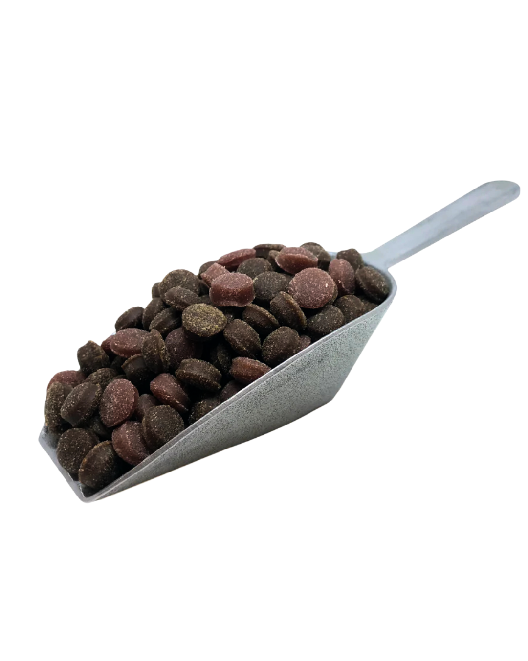 A scoop filled with gourmet pet treats for dogs in various flavors and shapes