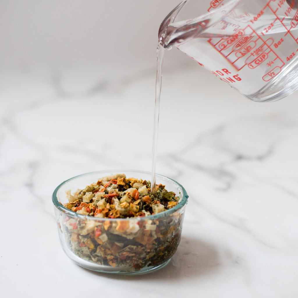 Preparing grain free dog food premix by adding water to a bowl of dry ingredients