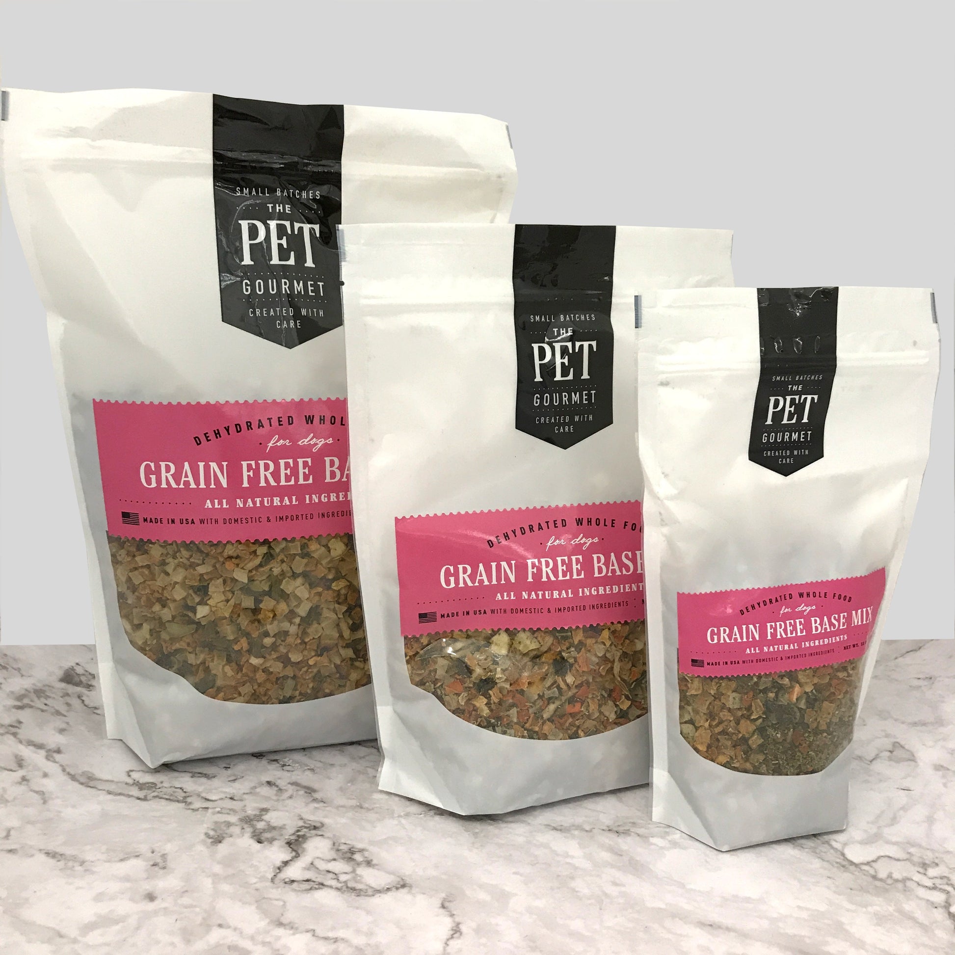 The Pet Gourmet grain free dog food premix in various bag sizes for healthy dog meals