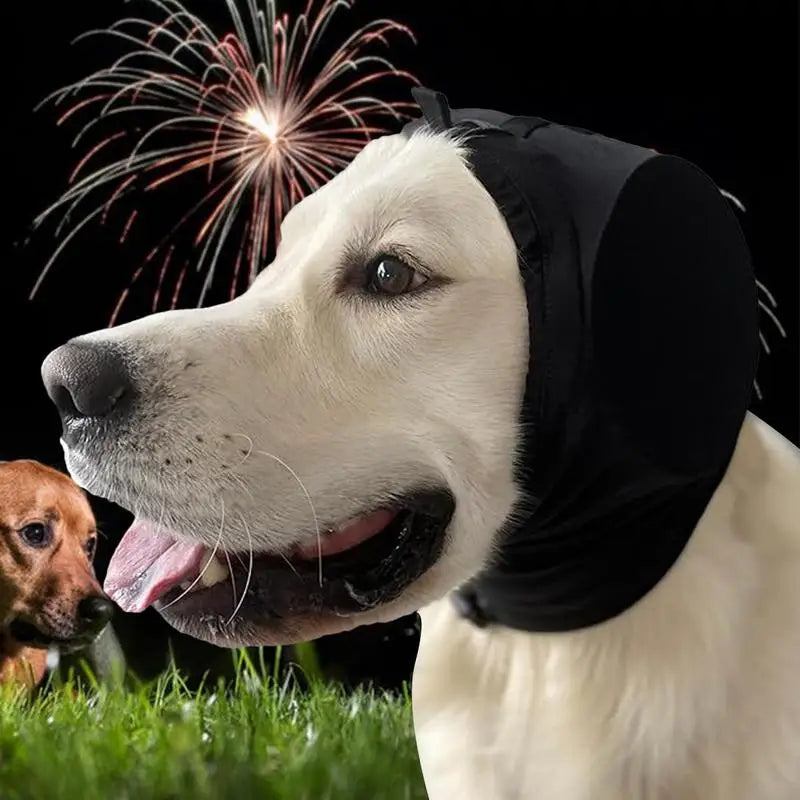 Dog wearing THRIXINE pet hearing protection for dogs during fireworks display