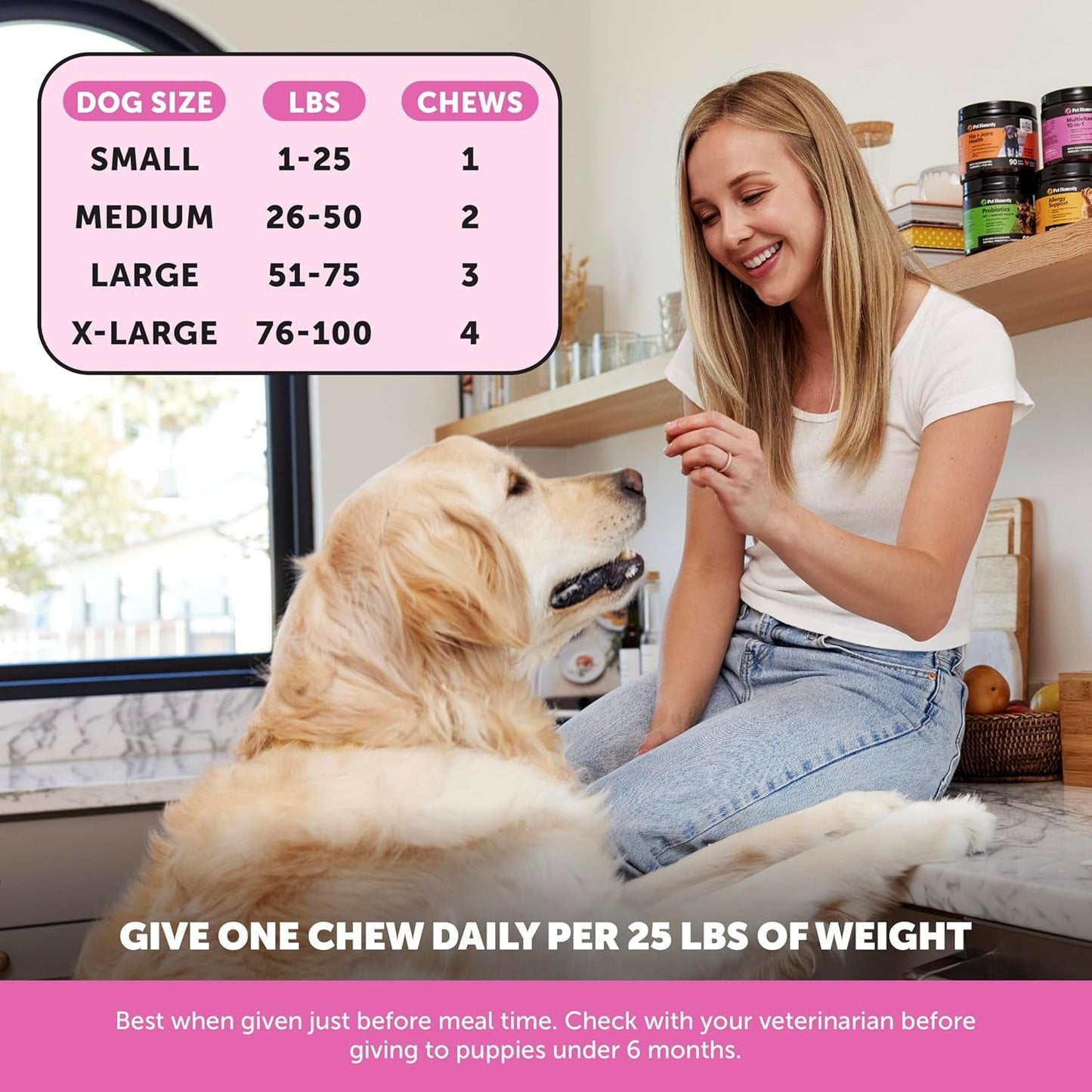 Probiotic dog chews for health with feeding guidelines for different dog sizes displayed in a caring environment