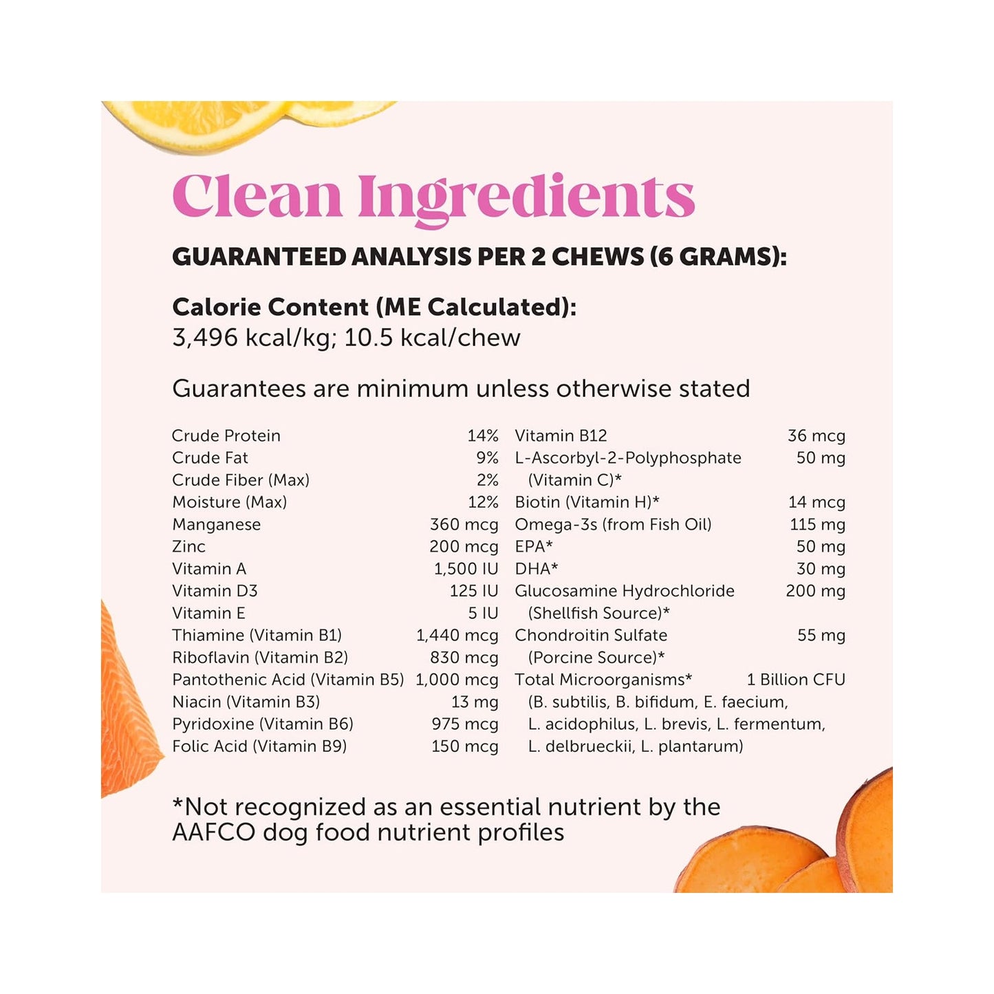 Ingredient list of probiotic dog chews for health with nutritional information and guarantees