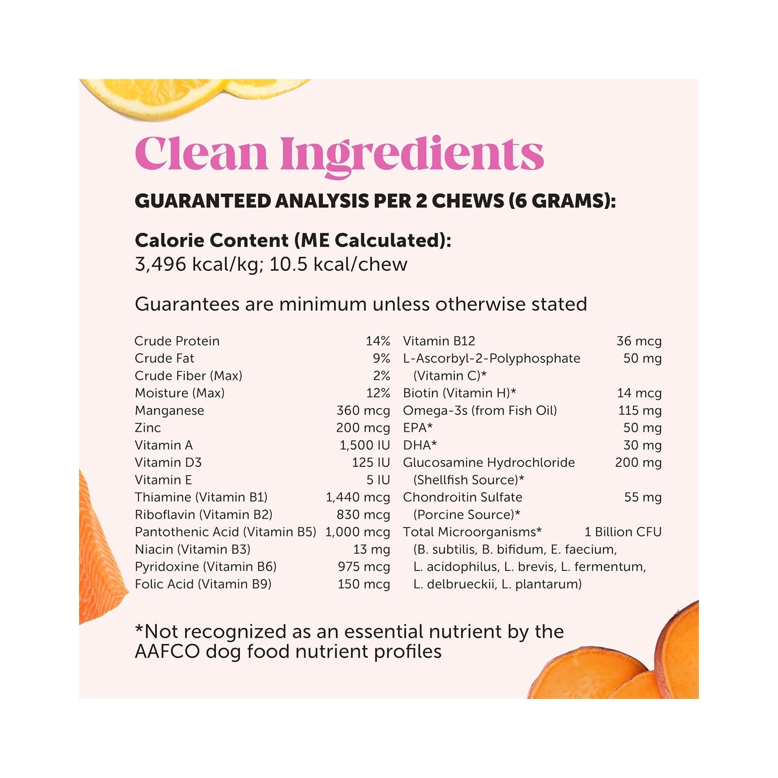 Ingredient list of probiotic dog chews for health with nutritional information and guarantees