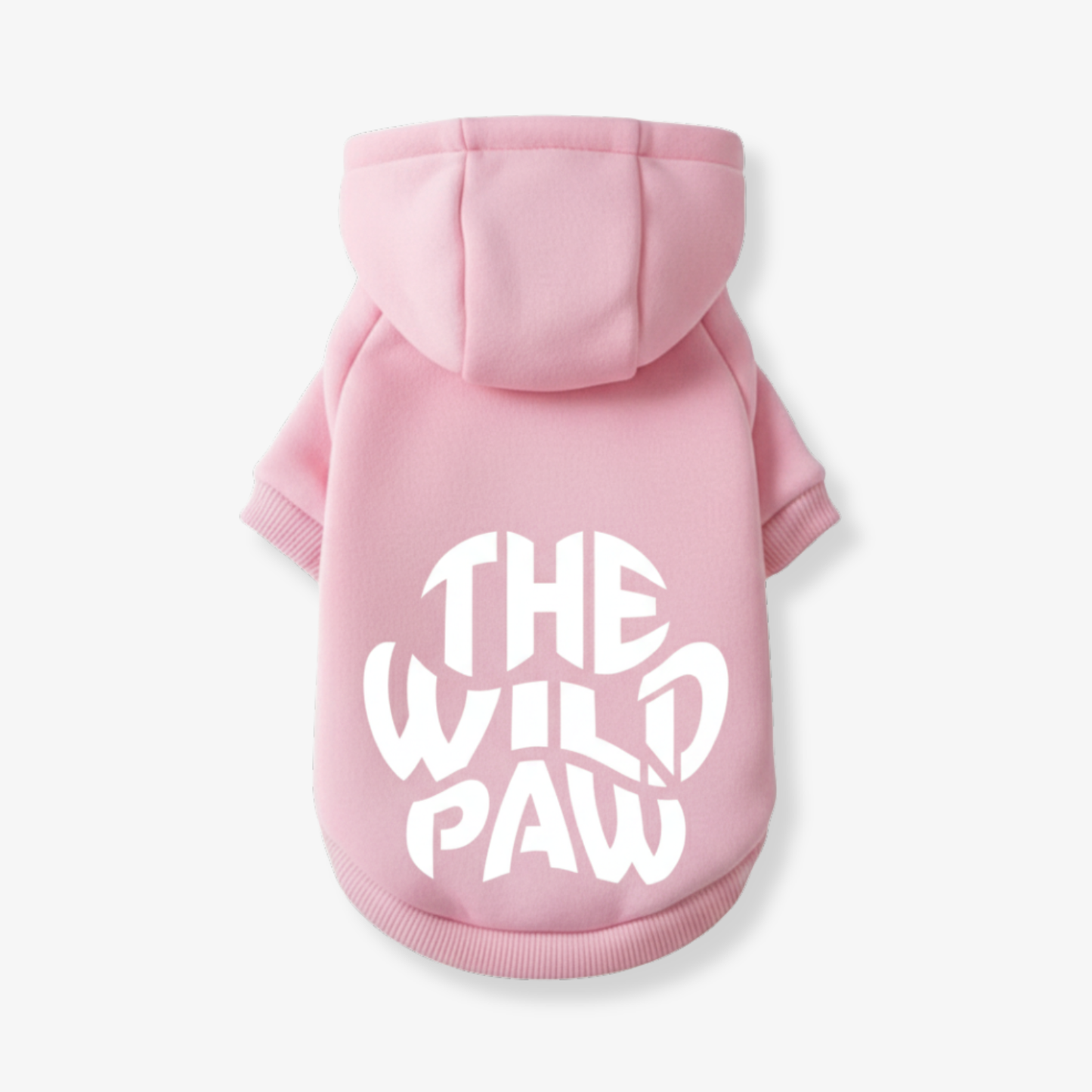 Pink pet hoodie for dogs by The Wild Paw with logo on the back for stylish pet wear