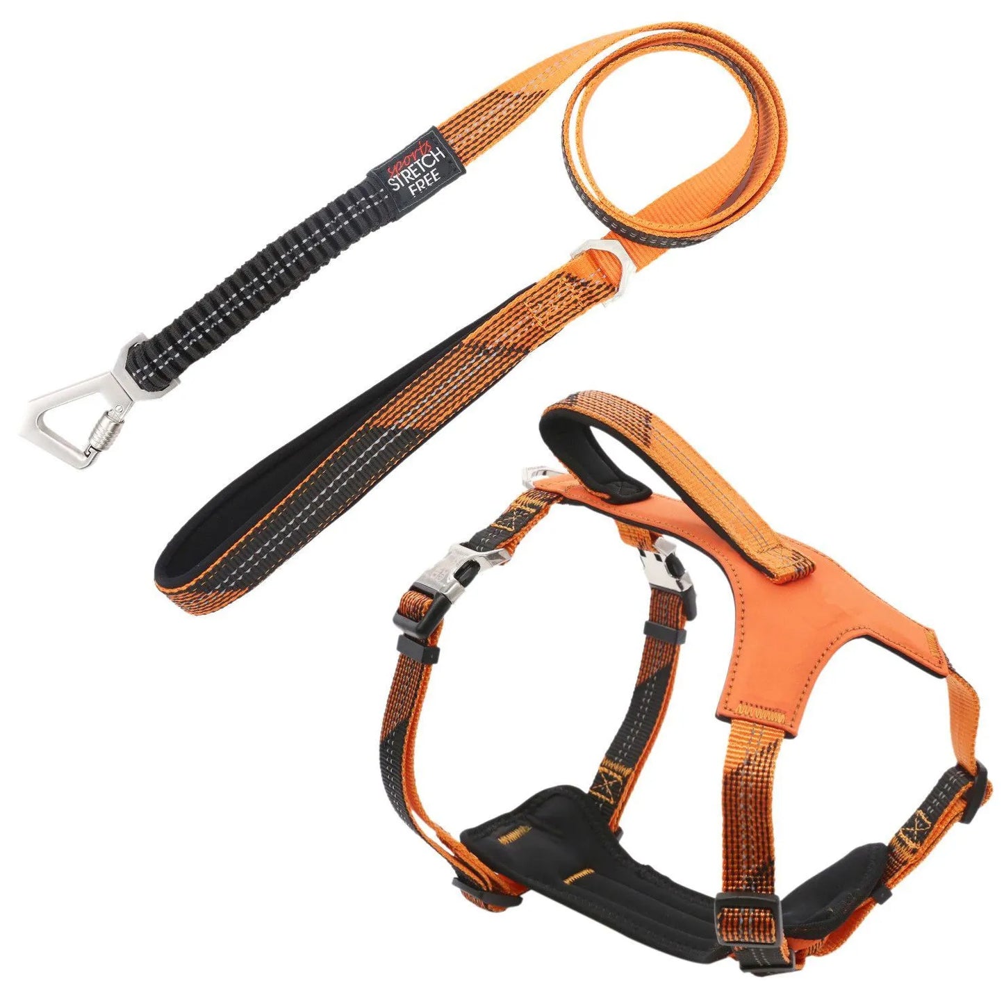 Pet Life® 'Geo-prene' 2-in-1 reflective dog leash and harness in orange, available in small, medium, and large sizes.