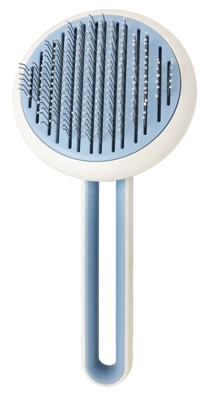 Pet Life white and blue deshedder tool with round head, stainless steel pins, and U-shaped ergonomic handle.