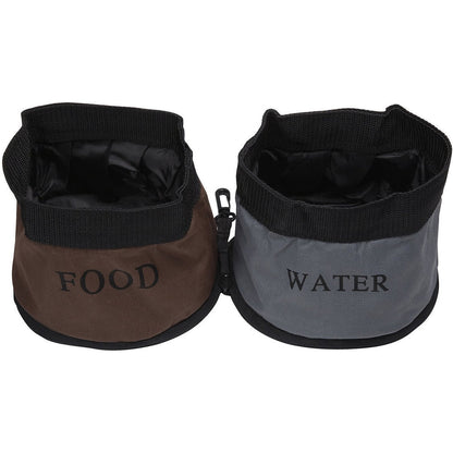 Pet Life dual folding travel dog bowls: one brown labeled 'FOOD' and one grey labeled 'WATER', zipped together.