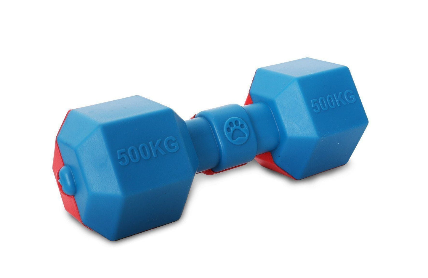 Pet Life blue and red TPR waterproof dumbbell dog toy with embossed 500KG text and hexagonal ends.