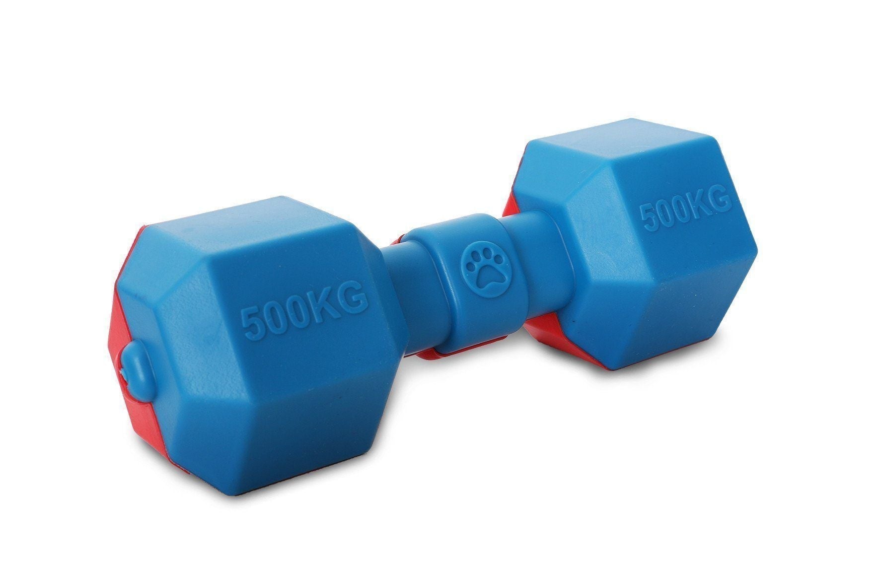 Pet Life blue and red TPR waterproof dumbbell dog toy with embossed 500KG text and hexagonal ends.