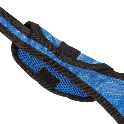 Blue ripstop nylon and black mesh detail of the Pet Life Echelon hands-free dog leash with velcro closure.