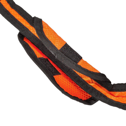 Pet Life Echelon hands-free dog leash; orange and black padded nylon mesh strap with Velcro fastener.